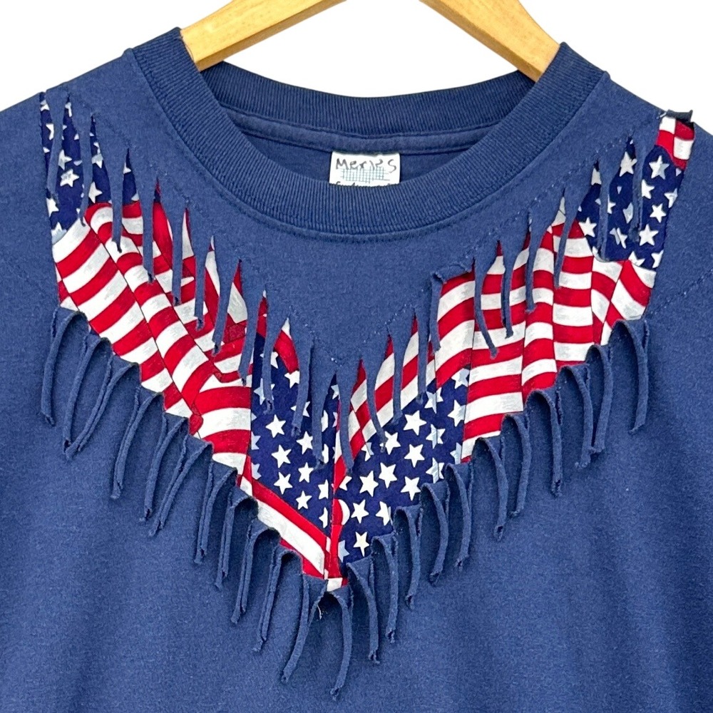 VTG 90's Upcycled Fashion Gear American Flag Fringe V-Neck Shirt SZ L Made USA